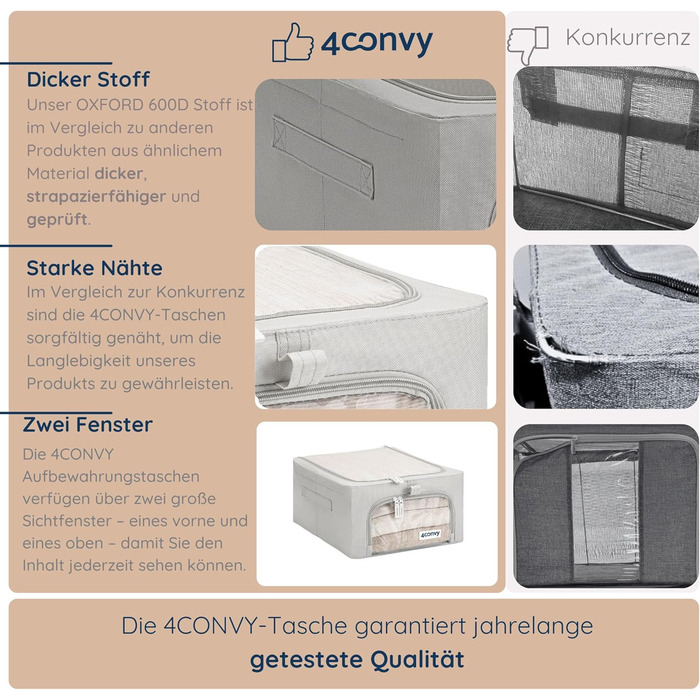 4CONVY Коробка для зберігання одягу з блискавкою та металевим каркасом - 3x24L, сіра, з вікнами (2 шт.) [2024, покращений матеріал]