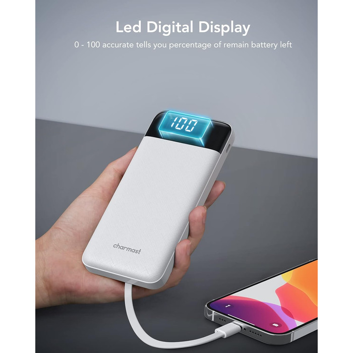 Повербанк Charmast 10000mAh Slim з 4 вбудованими кабелями та 6 виходами, LED-дисплей, білий — зовнішній акумулятор для iPhone 17/16/15/14, Samsung, Xiaomi, планшетів