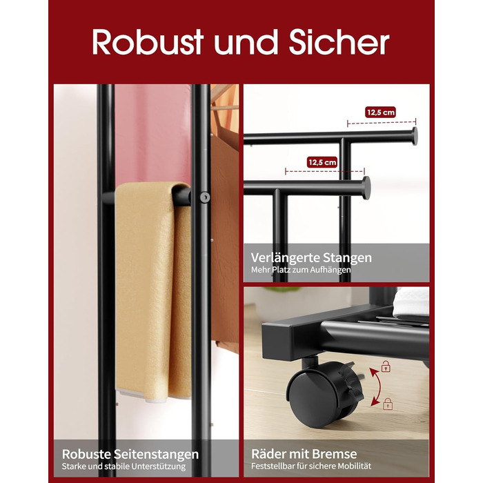 Стійка для одягу на колесах з подвійною перекладиною та сітчастим дном, 98 x 42 x 150 см, Чорний