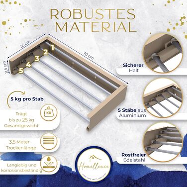 Настінна сушилка для білизни Homellence розтяжна, 3,50 м, білий (70 см, бежевий/капучино)