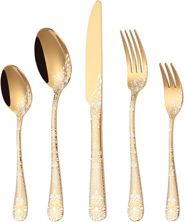 Gold Cutlery Set for 6 People, HONKKU 30-Piece Stainless Steel Cutlery Set, Dining Cutlery Set Mirror Polished with Floral Patterns, Fork Spoon Knife Set Dishwasher Safe
