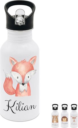 Дитяча персоналізована пляшка для води з нержавіючої сталі Wunderwunsch® (500 мл) з іменем та трубочкою - Чудовий подарунок для дитини (Лисичка)