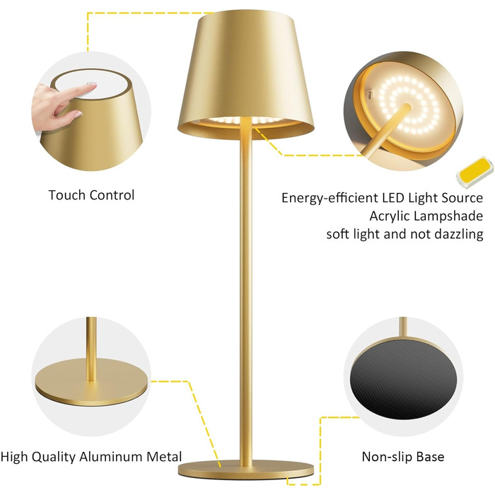 LED настільна лампа K-Bright з регулюванням яскравості, акумуляторна, бездротова, 3000K/4000K/6000K, 3 колірні температури, USB-C, IP54, чорна