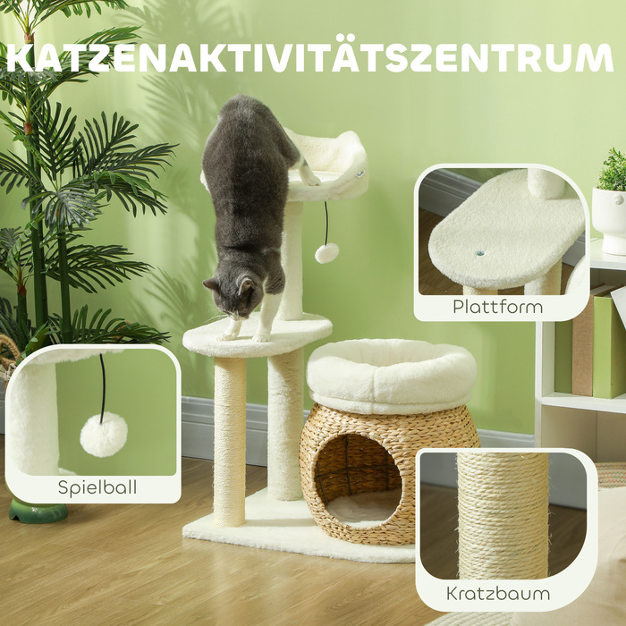 PawHut Драбина для котів з будиночком, ігральними кульками та платформами, вкрита сизалевим та соломовим волокном, до 10 кг, 60 x 40 x 79 см, кремово-білий