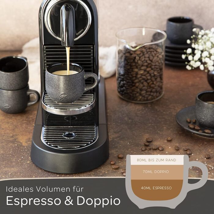 Stone Age Design Espresso Cups (6x80ml) - Espresso Cup Set with matching saucers - Espresso coffee cups made from 100% handmade - stackable cappuccino cups in black