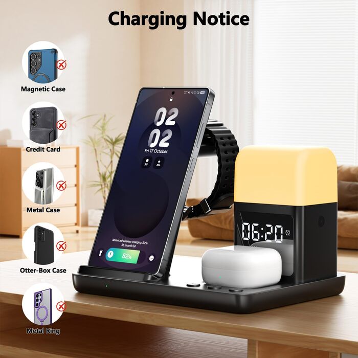 Багатофункціональна зарядка 6 в 1 з індуктивним бездротовим зарядним пристроєм, будильником та нічником, сумісна з Samsung Galaxy S25/24/Galaxy Buds3/Galaxy Watch, iPhone 16/15/AirPods4/3, жовта