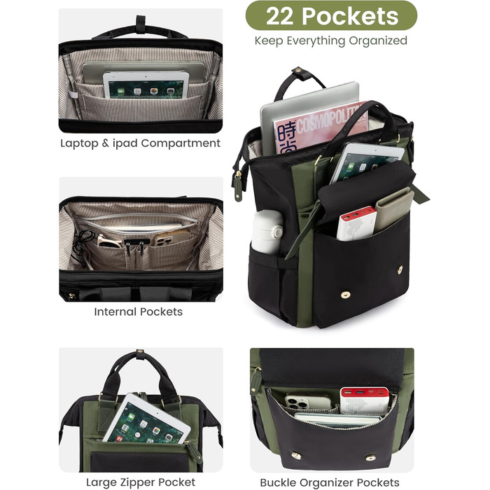 LOVEVOOK Рюкзак для жінок великий, водонепроникний, рюкзак для подорожей, ручна поклажа, рюкзак для літака з кишенею для кабелю, сумка для ноутбука, рюкзак для щодня, для школи, університету, бізнесу, подорожей (15.6', армійний зелений + темно-зелений)