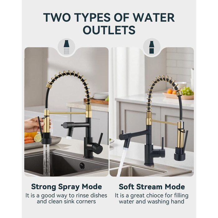 Кран кухонний LED Warmiehomy професійний, 360° поворотний, з двома виливами, високий вигин, спіральна пружина, для мийки, брашований нікель (чорний та золотий)