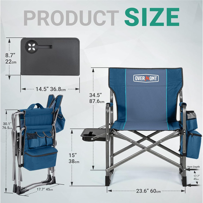Кемпінговий стілець OVERMONT складний з бічним столиком та охолоджувальною сумкою, до 180 кг - блакитно-сірий