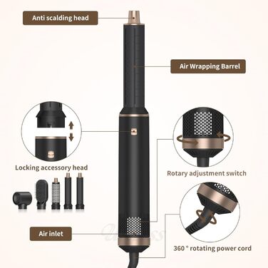Airstyler 5 в 1: Фен-щітка, плойка, фен для волосся, чорний (1000W)
