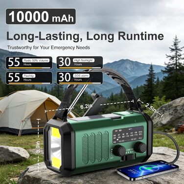 Leaton Радіостанція аварійна з ручним генератором, NOAA, AM/FM, 10000 mAh | Сонячна Power Bank, USB-C, ліхтарик, SOS-сигнал, для кемпінгу, виживання, військових, зелений