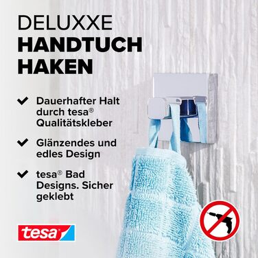 tesa DELUXXE Towel Hook, Chrome - Bathroom Hook for Wall Mounting without Drilling, including Adhesive Solution - 50mm x 50mm x 39mm
