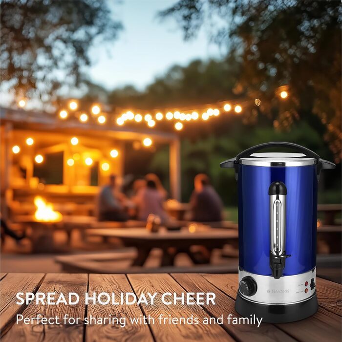 Navaris Mulled Wine Warmer/Hot Water Dispenser - Stainless Steel - with Thermostat, Level Indicator, Tap - Mulled Wine/Hot Beverage Dispenser (10 l, Blue)