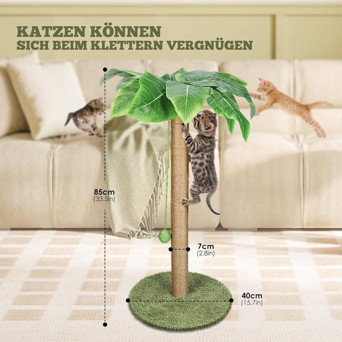 Kratzbaum, 80cm High Scratching Post, Cat Tree, Scratching Trunk for Medium and Small Cats, Natural Sisal Scratching Post with Interactive Plush Ball, Beige (Palm Style Scratching Trunk Round)