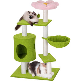 Кігтеточка-будинок для котів з квітами, 104 см, зелено-рожевий. Багатоповерхова кігтеточка з гамаком та будиночком.