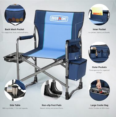 Кемпінговий стілець OVERMONT складний з бічним столиком та охолоджувальною сумкою, до 180 кг, синій