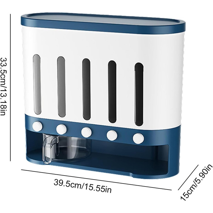 Traveler Dispenser with 5 Compartments, Wall-Mounted Cereal Dispenser, 9 kg, Thickened Container, Moisture-Resistant, Grain Container, Bucket, Rotating Food Dispenser, Household Kitchen, Candy Dispenser
