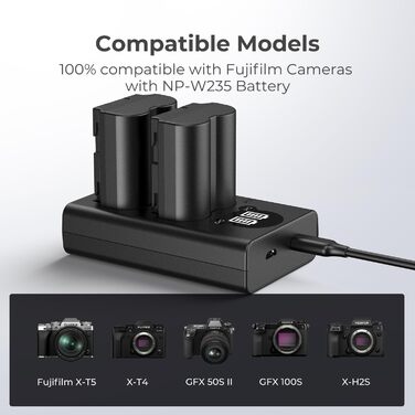 Зарядний пристрій K&F CONCEPT NP-W235 з LED-дисплеєм, Dual Slot, Micro USB та Type-C, сумісний з Fujifilm X-T5, X-T4, GFX 100S, X-H2S, GFX 50S II, VG-XT4. Підтримка передачі даних.