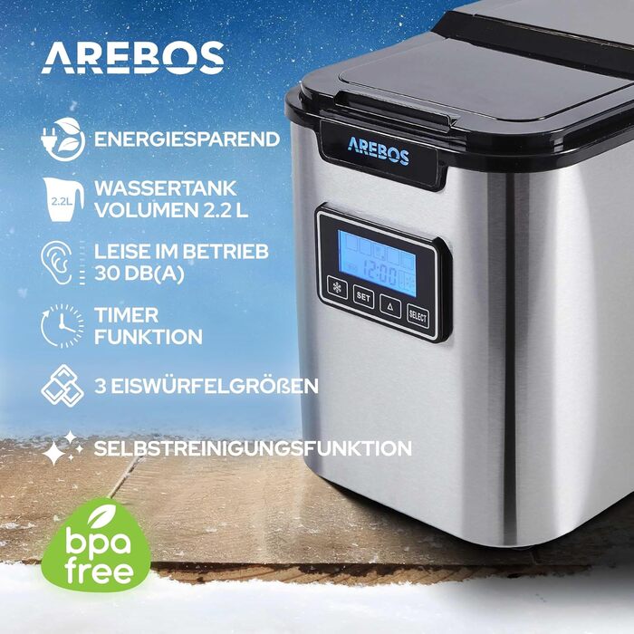 Машина для приготування льоду Arebos | 12 кг/24 год | Швидке виробництво (10-15 хв) | 3 розміри кубиків | 2.2 л резервуар | Таймер, LCD дисплей, самоочищення