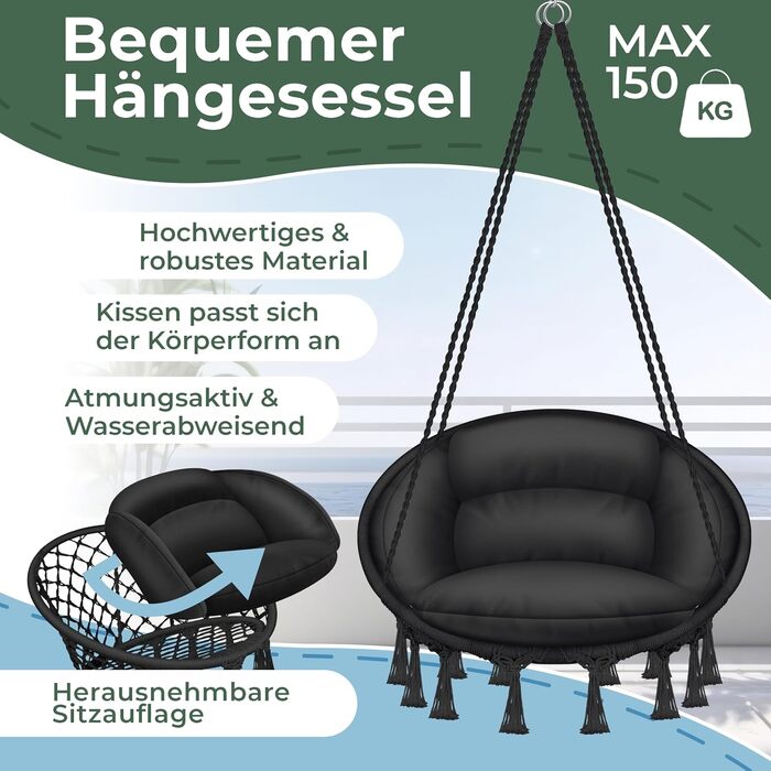 Підвісне крісло-гойдалка KESSER 150 кг, сталеві кільця, подушка, плетене, з бахромою, для саду та дому, водостійке, з великими чорними подушками