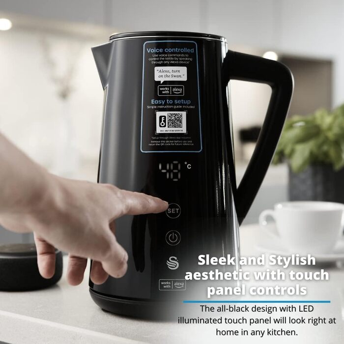Чайник електричний Swan Alexa WIFI, 1.5L, з регулюванням температури, чорний, бездротовий, LED-touchscreen, підігрів, Cool Touch, ізольована сталева стінка, 1800W, SK14650BLKNEU (uk_Plug)