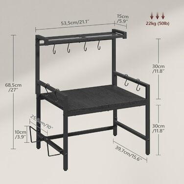 Поличка для мікрохвильової печі, кухонна поличка, 2 яруси, з підставкою для обробної дошки, органайзер з 8 гачками, чорний, ABRBN5301