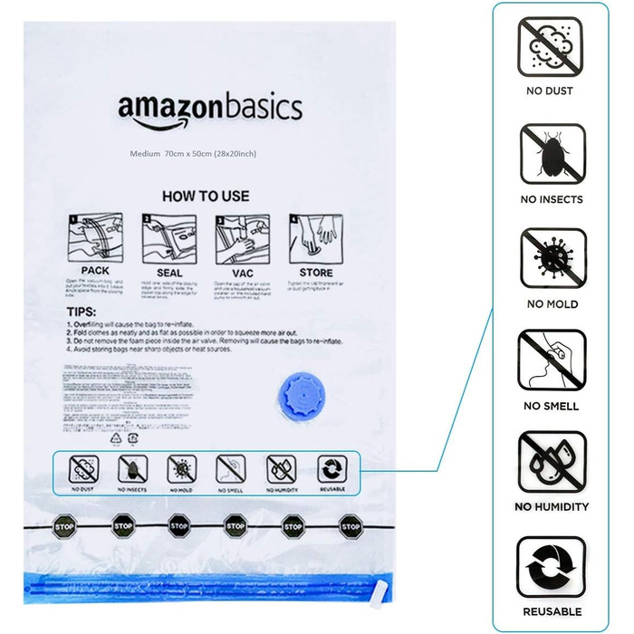 Amazon Basics Garment Bags with Airtight Valve and Hand Pump - Multiple, 3 x Jumbo, 3 x Large, 3 x Medium, 3 x Small, 12-Pack, Zipper, Transparent