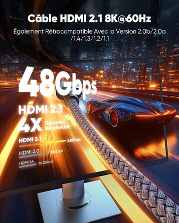 HDMI кабель SNOWKIDS 8K@60Hz 2M, HDMI 2.1, 48Gbit/s, 4K@120Hz, Dolby Vision, DTS:X, HDCP 2.2/2.3, HDR 10, eARC, HDR, сумісний з PS5, HDTV, проектором, PC, монітором, PS4