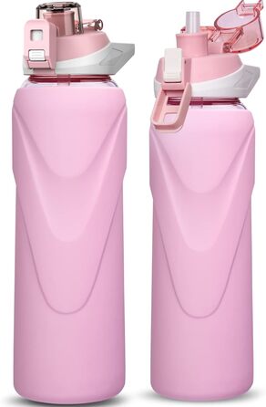 1 liter / 1l Drinking Bottle Glass with Straw BPA-Free Glass Bottle with Silicone Sleeve Borosilicate Glass Water Bottle (Pastel Pink)
