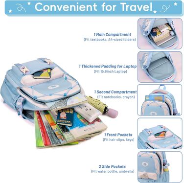 Рюкзак Tanou для школи, дівчаток-підлітків, 30L, нейлон, 3-9 клас, з тролейною петлею та брелоком (блакитний)