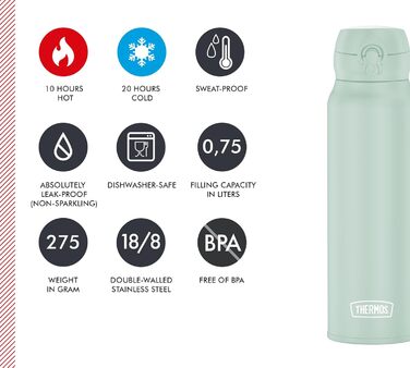 Термос Ultralight 0,5 л, нержавіюча сталь, 10 год гаряче / 20 год холодне, абсолютно герметичний, для води, чаю, безалкогольних напоїв (Soft Mint Mat)