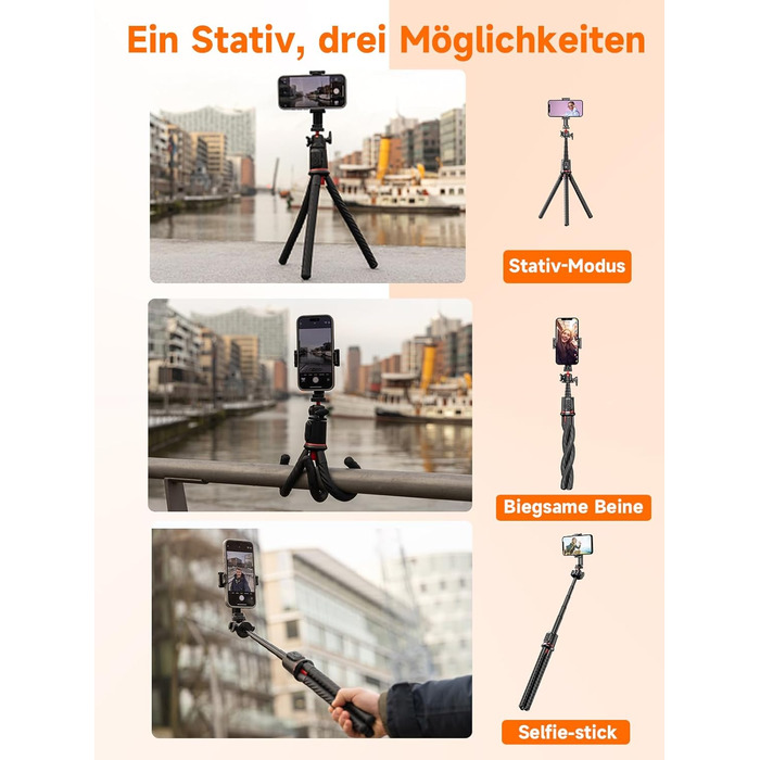 Штатив для смартфона Rollei з автоматичним відстеженням обличчя та стабілізацією відео, 360° для TikTok Live Streaming, вбудований акумулятор, гнучкий трипод