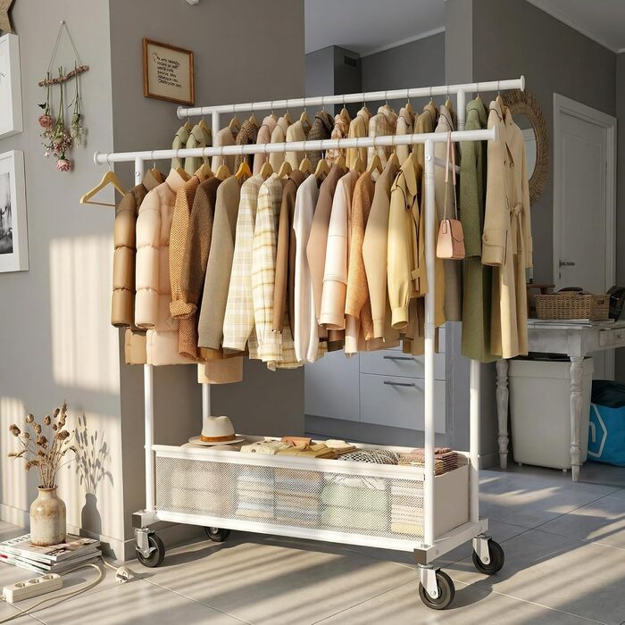 Подвійний мобільний вішак для одягу з кошиком для білизни, металевий (110 кг), білий - міцний вішак для пальт, суконь, светрів