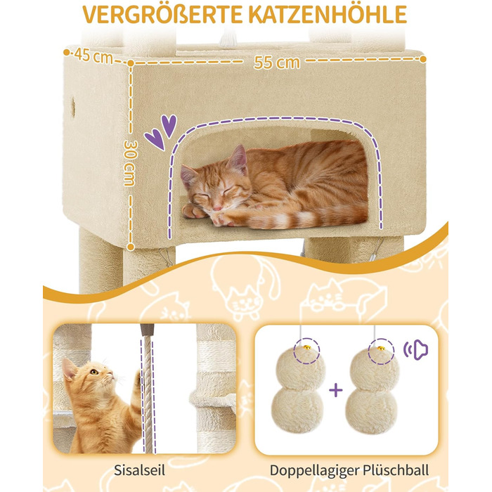 Кігтеточка для котів Hzuaneri 176 см, XL, 3 платформи, 2 печери, 7 стовпчиків, гамак, плюшеві кульки, для багатокотових домівок, MS17618SG (Бежевий)