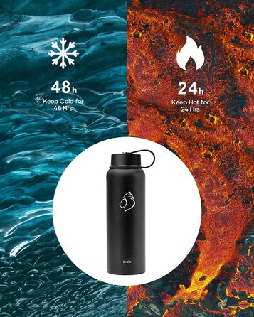 Insulated water bottle, 2 l, stainless steel, with straw lid and Flexseal closure, keeps cold for 48 hours, hot for 24 hours, double-walled, wide opening, BPA-free, leak-proof, (1180 ml, Black)