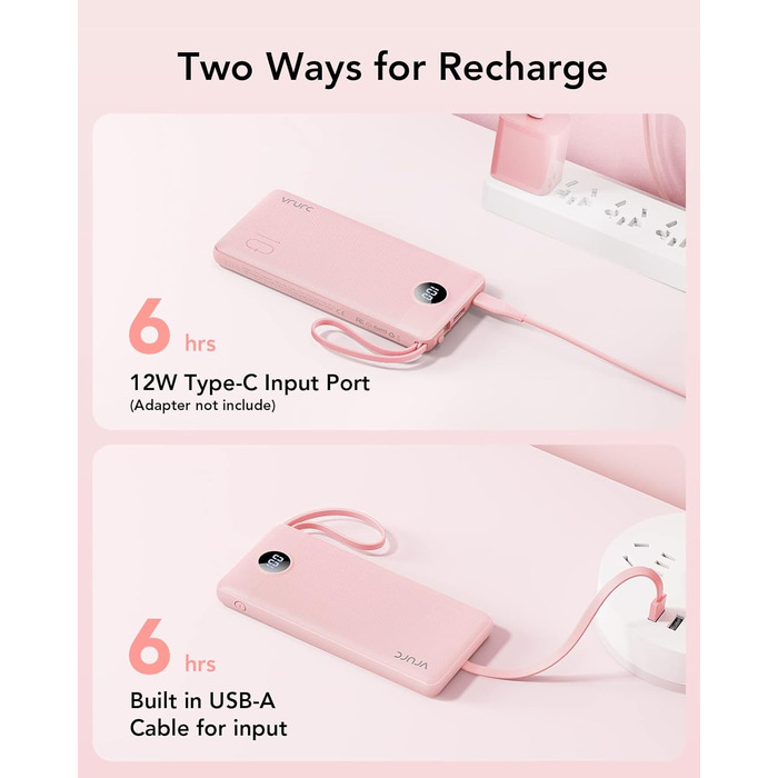 Powerbank VRURC 10000mAh з кабелем: портативний зарядний пристрій USB-C з LED дисплеєм та 5 виходами для iPhone, Huawei, Samsung та інших смартфонів - Рожевий
