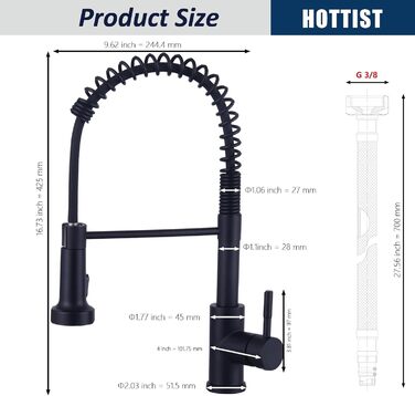 Чорний кухонний змішувач з висувною лійкою, високий поворотний вигин, 360° оберт, 2 режими розпилення, шланговий вилив, нержавіюча сталь, матовий чорний