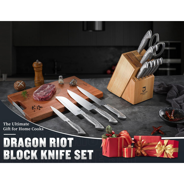 Dragon Riot 14-Piece Self-Sharpening Knife Set with Block - Professional Japanese Stainless Steel Kitchen Knives, Ergonomic Grip, 30cm