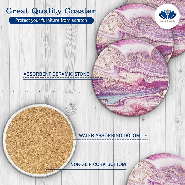 Guruji Divinity Absorbent Ceramic Stone Coasters, Set of 6, with Cork Bottom, Fun Drink Coasters with Holder for Cold Drinks, Wine Glasses and Cups, Table Protection, 4 inches (purple)