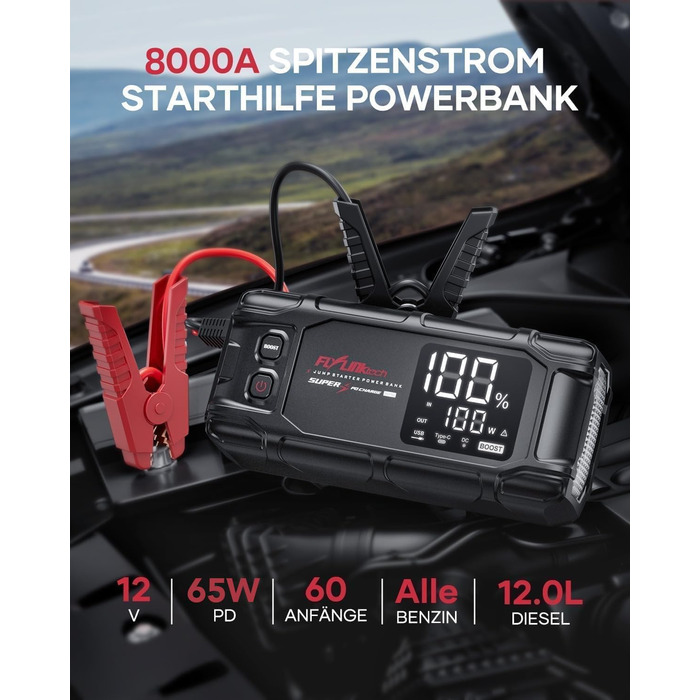 Powerbank Flylinktech 8000A для авто: 26800mAh, 8000A, PD65W, Jump Starter для бензинових та дизельних двигунів (до 12.0L)