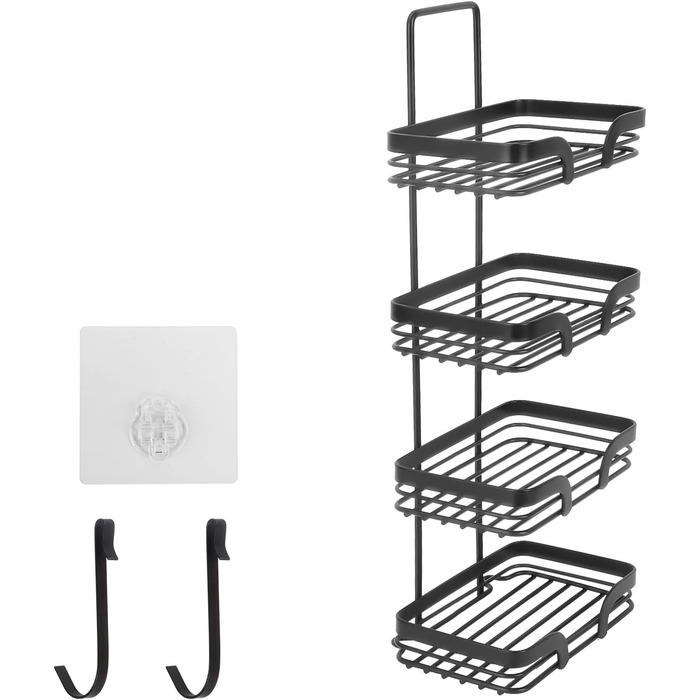 Tefola Soap Holder, 4-Tier Wall Mounted Soap Sponge Holder, Soap Dish for Shower with Two Single Hooks, Adhesive, Drill-Free Soap Holder, Stainless Steel Soap Holder (Black)