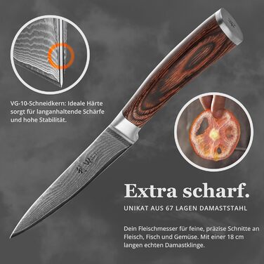 Ніж кухарський Wakoli EDIB Damast Fleischmesser 18 см з дамаської сталі (серцевина VG10) – для м'яса та нарізки, з ручкою з паккавуда, у подарунковій коробці