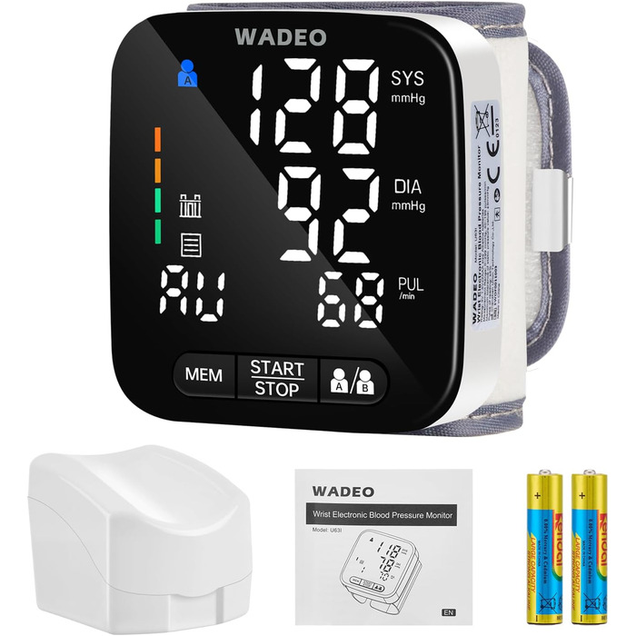 Цифровий тонометр WADEO на зап'ясті, оголошення 5 мовами, виявлення аритмії, портативний тонометр для дому та в дорогу, 2 x 99 пам'ять, з батарейками та коробкою для зберігання, білий