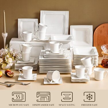 MALACASA 30-Piece Porcelain Dinnerware Set - Classic White Dinner Set with Coffee Cups, Saucers, Dessert Plates, Soup Bowls & Dinner Plates