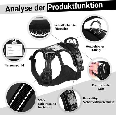 Нашийник для собак великих порід з ручкою, без обмеження грудної клітки, дихаючий, безпечний, світловідбиваючий, без Pull, для тренувань та активного відпочинку, Sti 2 Bau (L, чорний)