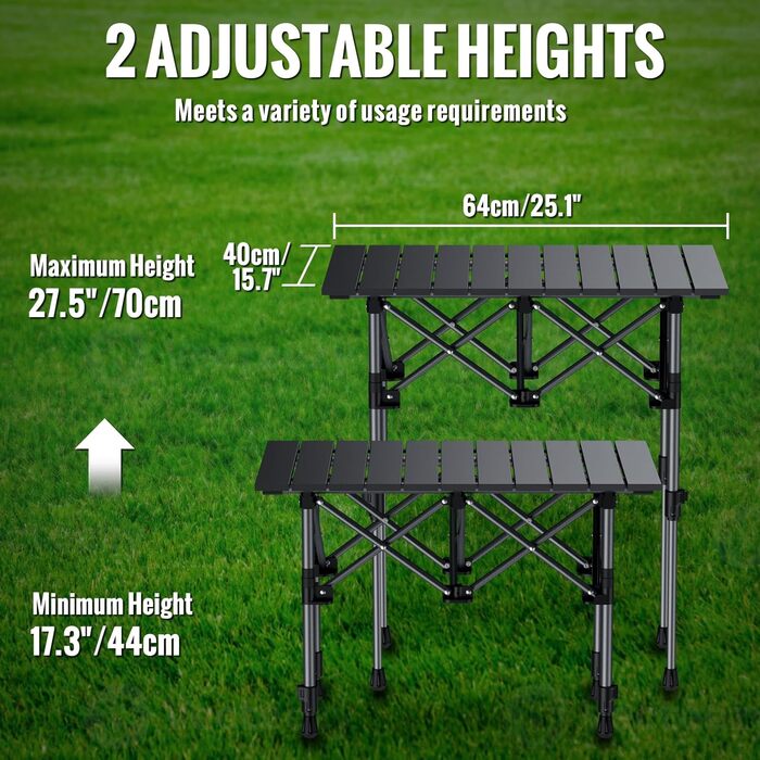 Складаний туристичний стіл Garllen 82x40 см, 2 положення висоти (44/70 см), знімний стіл зі сталі, для пікніка, грилю, саду та кемпінгу