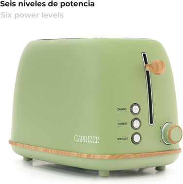 Тостер Kaito з широким подвійним слотом, 3,8 см та 13,5 см, 6 рівнів підсмажування, вінтажний дизайн, ефект дерева, матово-зелений колір