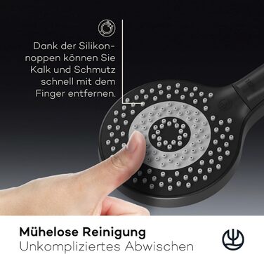 KLUDI-X3 Universal Shower Head with Hose, Shower Spray Optional - Water-Saving with 3 Spray Patterns (Body, Hair, Skin), Easy-to-Clean Shower Head Ø 11.7 cm, Shower Hose 1.60 m (3 Spray Patterns, Matte Black)