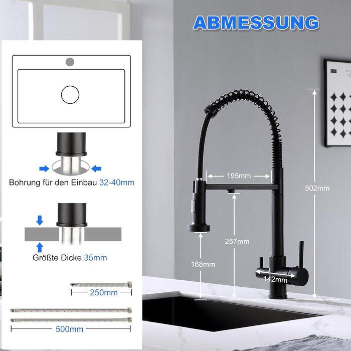 3-х стороння кухонна змішувач з поворотним гусаком 360°, 2 функції (з душем), 3 в 1, для фільтрів, з нержавіючої сталі та латуні, чорний