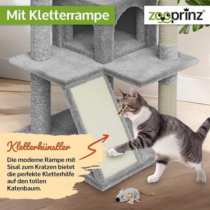 Преміум кігтеточка Zooprinz – велика XXL кігтеточка для котів, з товстими сизалевими стовпами, будиночком, гамаком, м'ячиками та мотузкою. З іграшкою-мишкою. Когтеточка (світло-сіра)